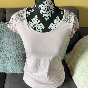 AMBIANCE MATERNITY Pink with Floral Lace TShirt L